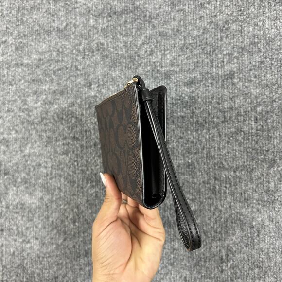 Coach Tech Phone Wallet Signature Canvas Brown Leather Wristlet Card Case - Picture 5 of 11